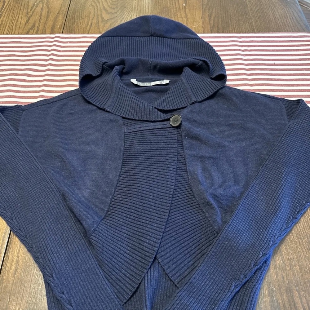 Athleta Womens Small Blue Button Top Open Bottom Hooded Cropped Cardigan Sweater